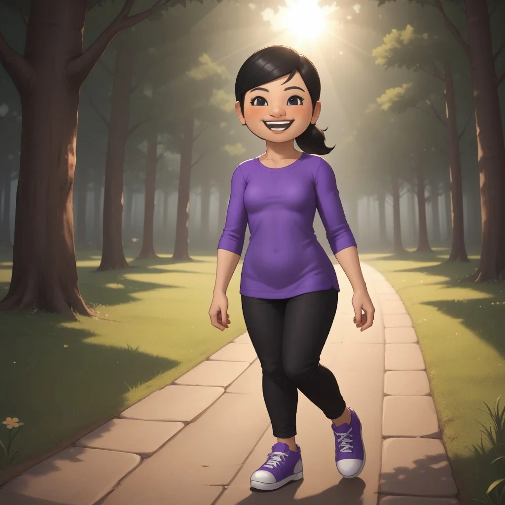 score_9, score_8, BREAK, solo, mii, wii u, wii sports club, 1girl, female mii, cute, black hair, ponytail, black eyebrows, black eyes, open mouth, teeth, blush, purple clothing, black pants, sneakers, small breasts, Pian-Pian_(\Wii_Sports_Club\), mature woman, Nintendo Mii, modern_mii, classic_mii, sexy pose, smile, outdoors, sunlight, shadows, evening lighting, natural lighting, forest, trees, grass, orange sky, sunset