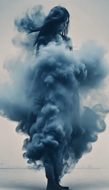 (a girl made of  blue smoke),dynamic vision,(levitation:0.9),<lora:xl-shanbailing-1126darknessé»æ:1>,bailing_darkness,
