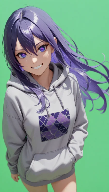 masterpiece, best quality, newest, absurdres, highres, BREAK, 8K, depth of field, focused subject, dynamic angle, BREAK, 1girl, (violet hair:1.5), long hair, violet eyes, BREAK, (silver hoodie with Superellipse pattern), BREAK, standing, smiling, happy face, BREAK, (solid green background:1.5)