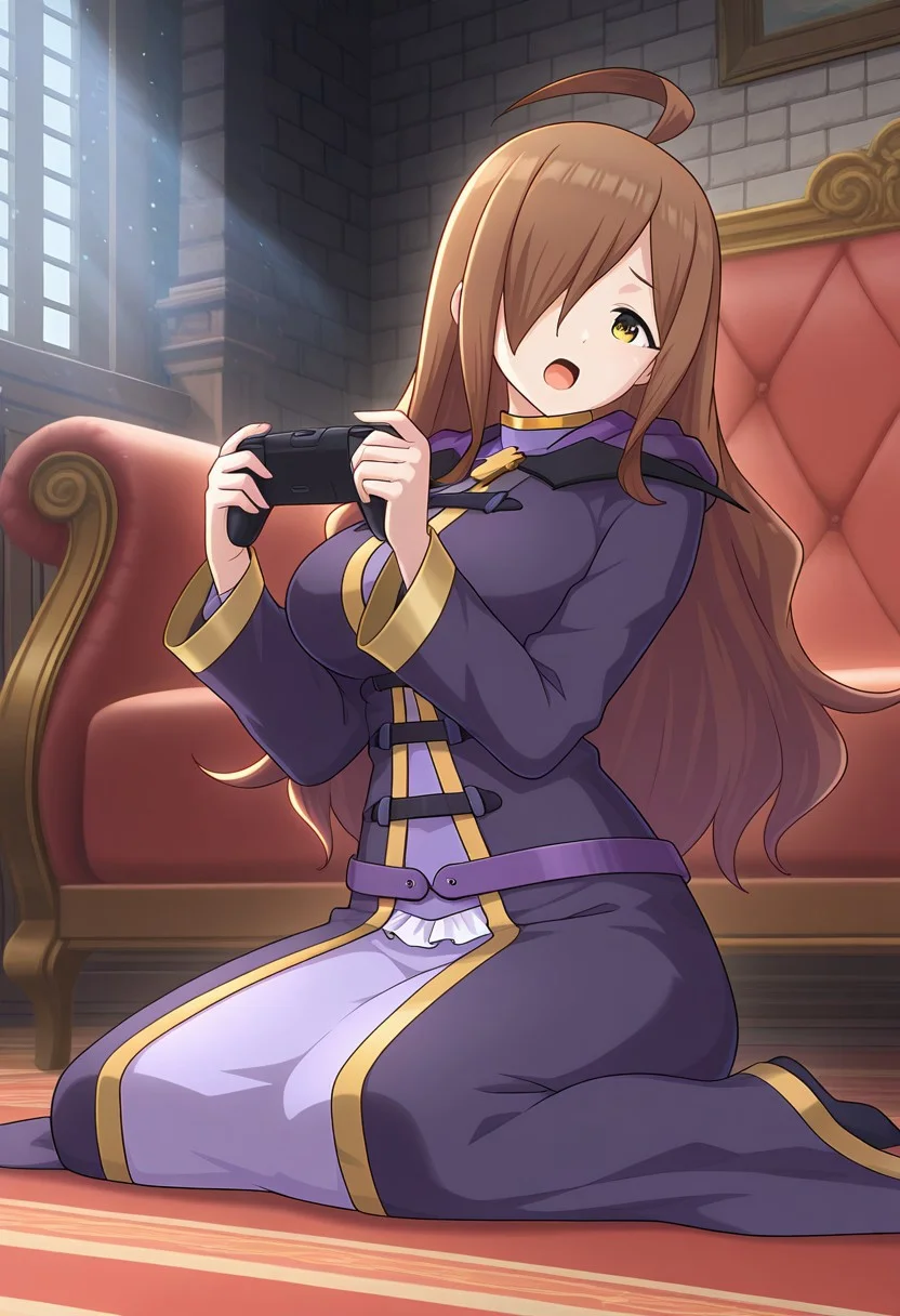 masterpiece, best quality, amazing quality, absurdres, particles of light, front shot cinematic angle, various angles, detailed background, beautiful background, (rays light:1.0), (highly detailed), masterpiece, best quality, amazing quality, BREAK
Wiz-Liver020, 1girl, solo, ahoge, wiz \(konosuba\), mature female, long hair, large breasts, hair over one eye, brown eyes, brown hair, long sleeves, dress, robe, purple robe, long robe, long skirt, very long hair, purple dress, small belts, cross ornament, purple belt, big breasts, jewelry, long dress, long sleeves, purple dress, wide hips, ornaments, mature female, BREAK indoors, carpet, couch, 1girl, solo, serious, open mouth, full body, sitting, wariza, dynamic pose, frilled, lace trim, playing games, leaning forward, hands up, body tilt, head tilt,