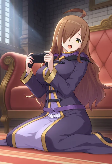 masterpiece, best quality, amazing quality, absurdres, particles of light, front shot cinematic angle, various angles, detailed background, beautiful background, (rays light:1.0), (highly detailed), masterpiece, best quality, amazing quality, BREAK
Wiz-Liver020, 1girl, solo, ahoge, wiz \(konosuba\), mature female, long hair, large breasts, hair over one eye, brown eyes, brown hair, long sleeves, dress, robe, purple robe, long robe, long skirt, very long hair, purple dress, small belts, cross ornament, purple belt, big breasts, jewelry, long dress, long sleeves, purple dress, wide hips, ornaments, mature female, BREAK indoors, carpet, couch, 1girl, solo, serious, open mouth, full body, sitting, wariza, dynamic pose, frilled, lace trim, playing games, leaning forward, hands up, body tilt, head tilt,