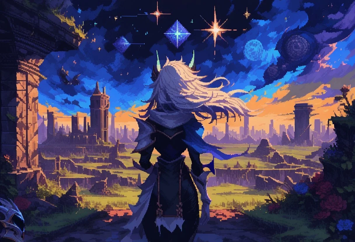 score_9, score_8_up, score_7_up, ultra quality, d3p1x3l, pixel art, scenery, solo, 1girl, Drxkin, dragon horns, long hair, white hair, helmet, faceless, mask, standing, facing away, official altrernative costume, multicolored bodysuit, scarf, single shoulder cape, armor, waist armor, black bodysuit, blue bodysuit, white gloves, bursting stream of magic in center, Pixel art illustration of a structure surrounded by lush green court, cosmic sky with shooting stars, floating islands, nostalgic yet futuristic style.