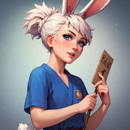 (score_9), (score_8_up), (score_7_up), (score_6_up), (score_5_up), (score_4_up), (masterpiece), best quality, detailed eyes, female, shoulder-length hair, white hair, rabbit ears, rabbit tail, flat chest, blue kimono, holding sign saying "Smash!"