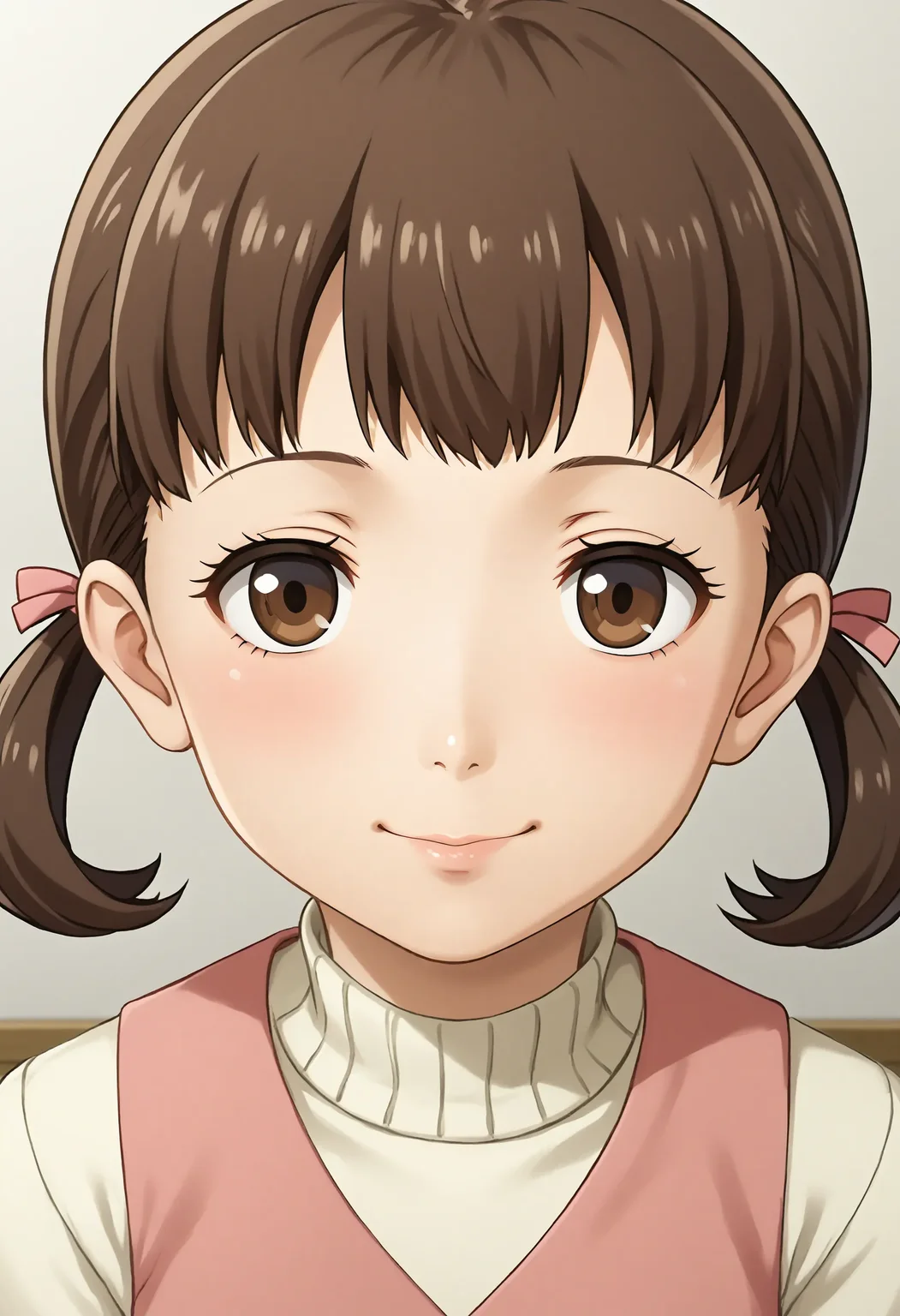 <lora:Hyper-SDXL-8steps-lora:1> score_9, score_8_up, score_7_up, best quality, uncensored, source_anime,
BREAK
front view, little smile, closed mouth, standing, looking at viewer, upper body, portrait, close-up face, facing viewer, indoors,
no background, white background, 1girl, (blush:-1.2),
<lora:P4-doujima_nanako_XL(pony)v10:1> p4-nanako, brown hair, low twintail, brown eyes, p4-nanako outfit, pink dress, white sleeves, red skirt, white socks, red shoes,