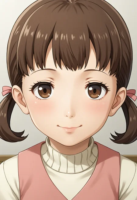 <lora:Hyper-SDXL-8steps-lora:1> score_9, score_8_up, score_7_up, best quality, uncensored, source_anime, 
BREAK
front view, little smile, closed mouth, standing, looking at viewer, upper body, portrait, close-up face, facing viewer, indoors, 
no background, white background, 1girl, (blush:-1.2), 
<lora:P4-doujima_nanako_XL(pony)v10:1> p4-nanako, brown hair, low twintail, brown eyes, p4-nanako outfit, pink dress, white sleeves, red skirt, white socks, red shoes,