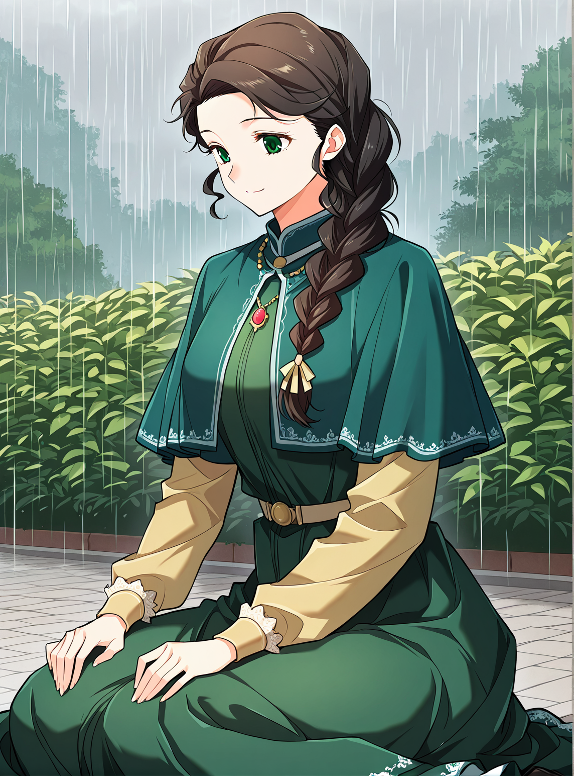 <lora:Silluria_Namaran__The_Greatest_Estate_Designer__Illustrious:1>
1 girl, solo, green eyes, brown hair, black hair, long hair, braid, single braid, braided ponytail, hair over shoulder
green dress, long sleeves, capelet, layered sleeves, short over long sleeves, necklace, jewelry, <lora:DetailedEyes_V3:1>
score_9, score_8_up, score_7_up, very aesthetic, source_anime, detailed, high quality, beautiful, detailed eyes, masterpiece, best quality, absurdres, perfect anatomy, 1girl, solo, wariza, sitting, hands on own knees, garden background, charming smile, rain
