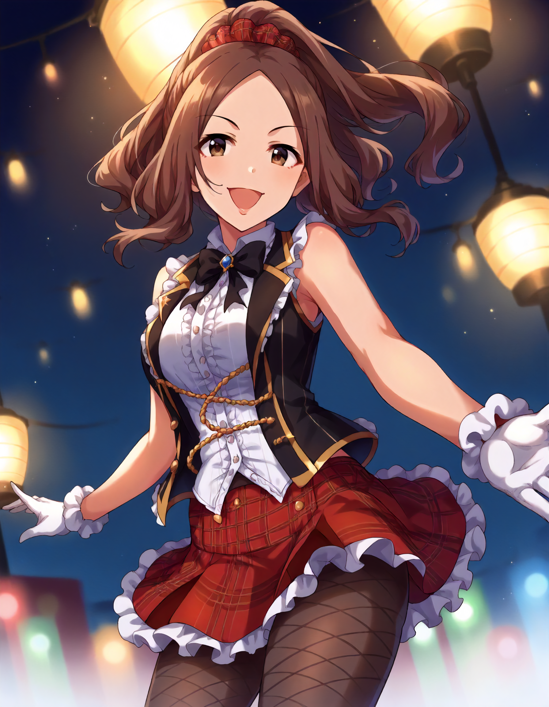 score_9,score_8_up,score_7_up,1girl,solo,cowboy shot,looking at viewer,smile,open mouth,stage lights,
<lora:sawadamarina_ponyXLV6:0.8>,cgsmr,brown hair,long hair,ponytail,brown eyes,
hair scrunchie,black vest,frilled shirt,sleeveless,white gloves,red plaid skirt,fishnet pantyhose