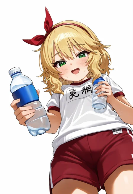 ,sakurai momoka, 1girl, solo, looking at viewer, blush, smile, open mouth, short hair, simple background, shirt, blonde hair, white background, holding, ribbon, green eyes, white shirt, short sleeves, cowboy shot, sweat, hairband, shorts, looking down, from below, bottle, gym uniform, red hairband, name tag, holding bottle, red shorts, water bottle, gym shirt, gym shorts,,masterpiece,best quality,newest,absurdres,highres,very awa <lora:None:1.0> <lora:feipinzhanshi_style_2-000011:0.9500000000000002>