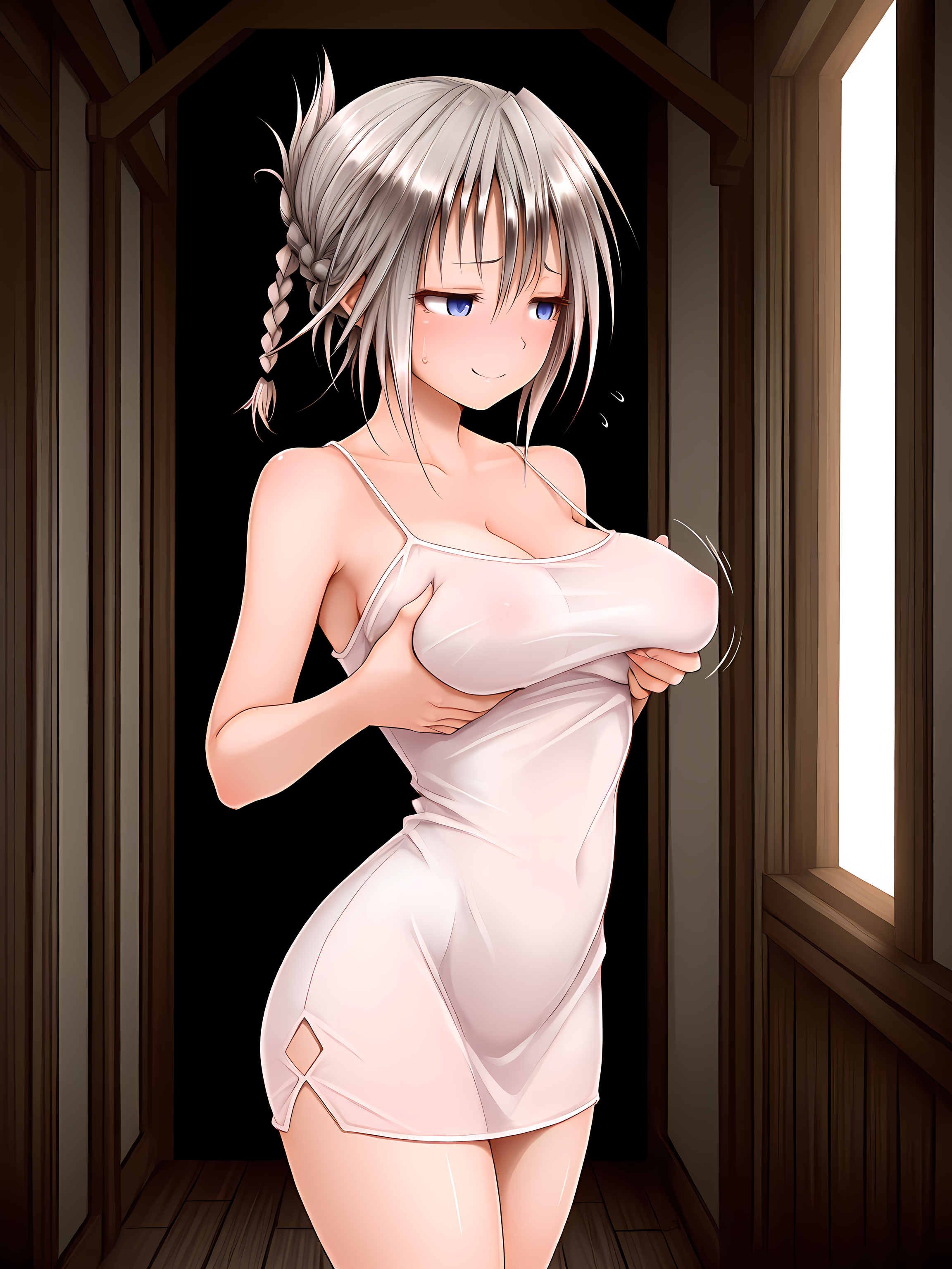 1girl,solo,slipdress,luna,73tunnel,standing,indoors,<lora:Lunalie_el_Blanca_-_Lilitales:0.8>,large breasts,grabbing own breast,teasing,fidgeting,squirming,groping,, masterpiece,best quality,amazing quality,