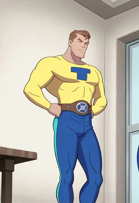 best quality, masterpiece, (tomturbine), solo focus, half shot, power belt, solo, standing, hands on hips, blue pants, yellow shirt, long sleeves, muscular, eyes closed blue t-shaped symbol