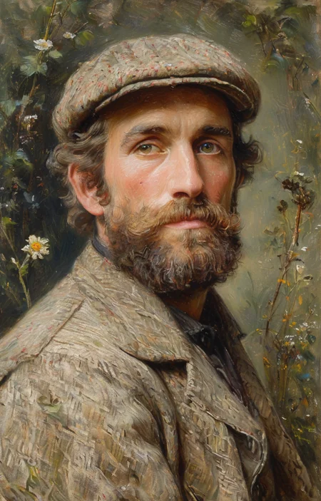 masterpiece,best quality,<lora:tbh136-sdxl:0.85>,portrait of man,illustration,style of Helen Allingham