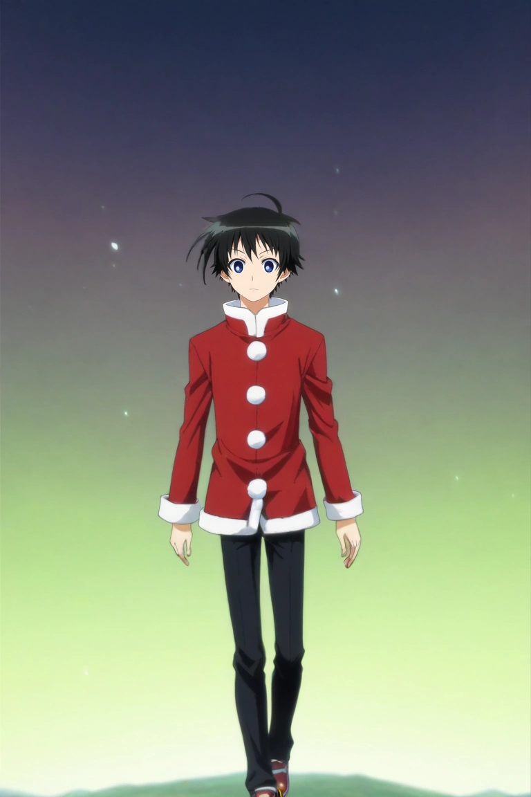 score_9, score_8_up, score_7_up, , rating_safe, intricate details, anime screencap, anime coloring, official style, , depth of field, 1boy, solo, male focus, <lora:misogi_kumagawa_pony:0.88>, misogi_kumagawa, black hair, blue eyes, short hair, ahoge, focused, floating island, light, w arms, squinting, christmas costume, <lora:sdxl_lightning_8step_lora:1>