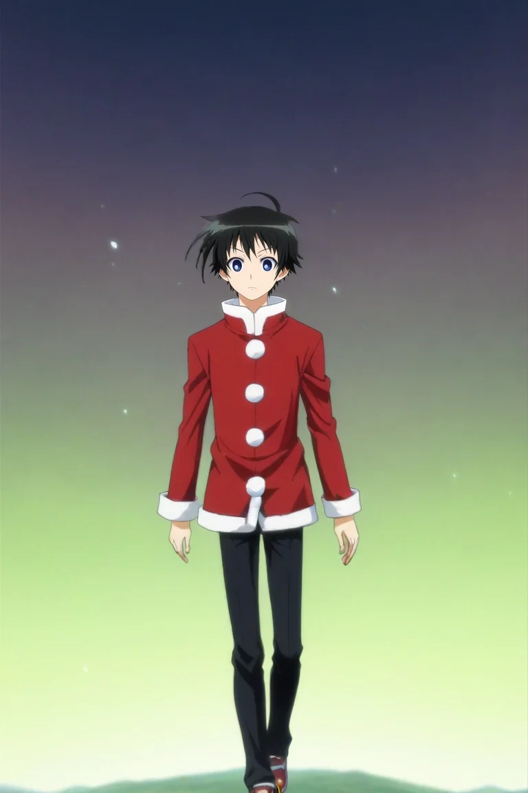 score_9, score_8_up, score_7_up, , rating_safe, intricate details, anime screencap, anime coloring, official style, , depth of field, 1boy, solo, male focus, <lora:misogi_kumagawa_pony:0.88>, misogi_kumagawa, black hair, blue eyes, short hair, ahoge, focused, floating island, light, w arms, squinting, christmas costume, <lora:sdxl_lightning_8step_lora:1>