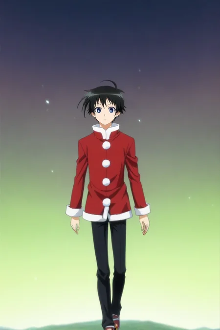 score_9, score_8_up, score_7_up, , rating_safe, intricate details, anime screencap, anime coloring, official style, , depth of field, 1boy, solo, male focus, <lora:misogi_kumagawa_pony:0.88>, misogi_kumagawa, black hair, blue eyes, short hair, ahoge, focused, floating island, light, w arms, squinting, christmas costume, <lora:sdxl_lightning_8step_lora:1>