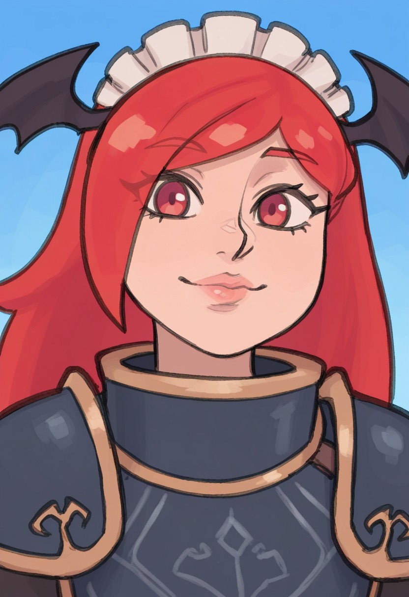 ruka481,

1girl, solo, portrait, bangs, hairband, smile, lips, pauldrons, red hair, long hair, red eyes, swept bangs, closed mouth, head wings, bat wings, wings, looking at viewer, demon wings, blue sky, maid headdress, eyebrows visible through hair, shoulder armor, armor