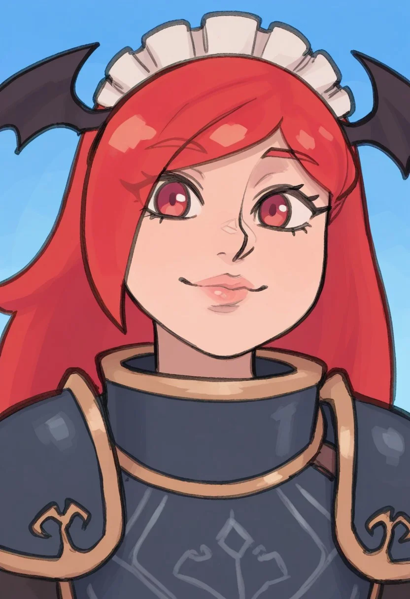 ruka481,
1girl, solo, portrait, bangs, hairband, smile, lips, pauldrons, red hair, long hair, red eyes, swept bangs, closed mouth, head wings, bat wings, wings, looking at viewer, demon wings, blue sky, maid headdress, eyebrows visible through hair, shoulder armor, armor