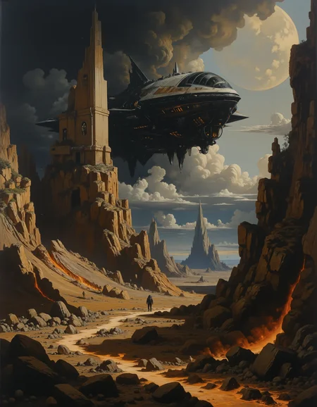 sci fi oil painting of a lava field. A lone astronaut in the distance stands looking upwards towards the sky. A crumbling monolith stands off center. A massive space ship hangs in the sky. style of frank frazzeta fantasy oil painting, <lora:Classic_Paint:1> <lora:artilands:1> <lora:frazetta_flux_v2:1>