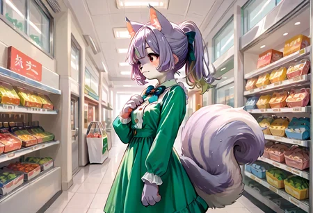 score_9,score_8_up,score_7_up,score_6_up, source_anime,2D, 1girl, solo, blush,paws on breast, Mauveko, outdoor,city,shopping mall,green dress, long sleeve,light beam,side view, <lora:my_OC_No.01_Mauvekoã¢ã³:1>