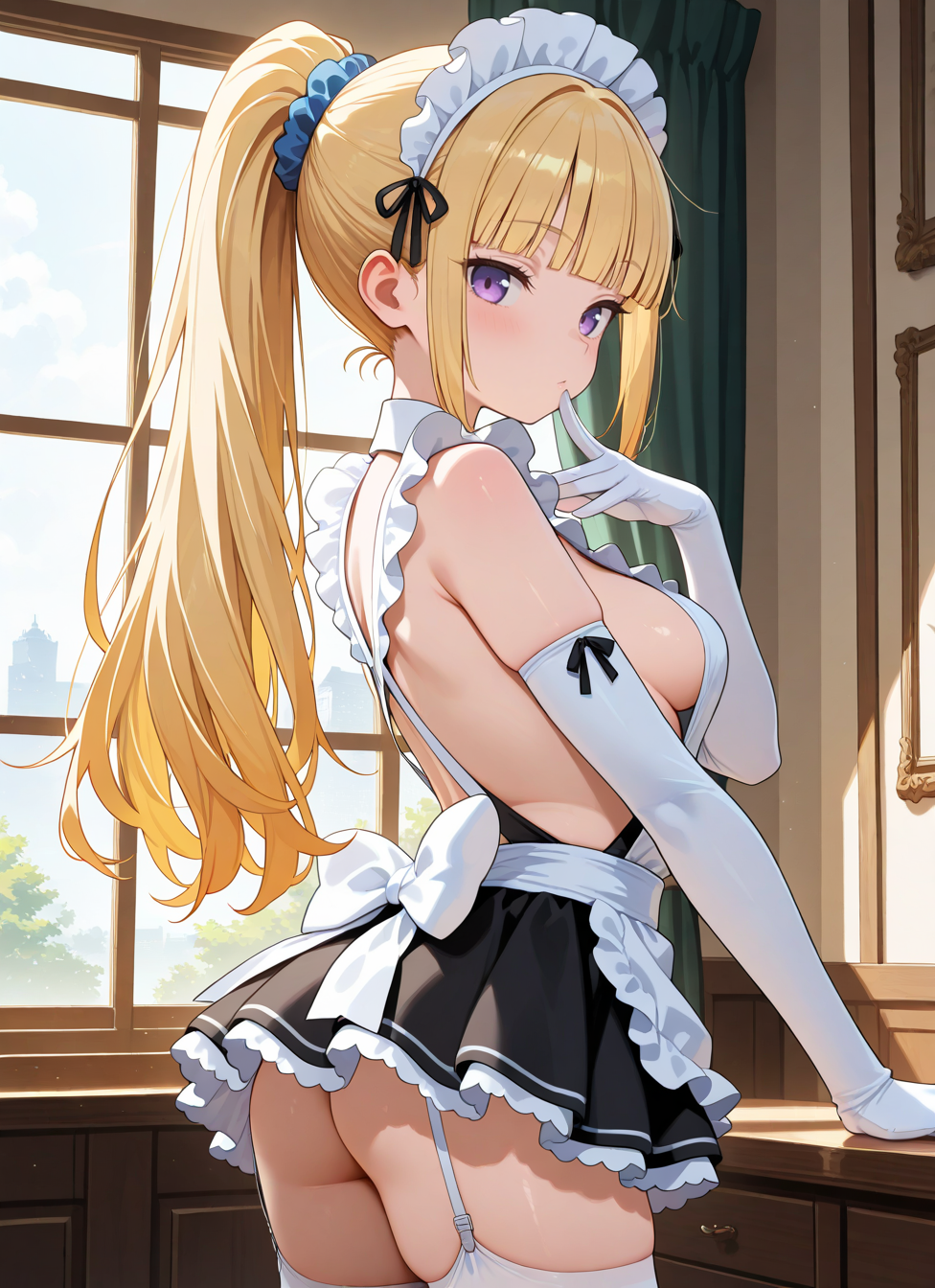 1girl, long hair, bangs, blunt bangs, purple eyes, blonde hair, hair ornament, ponytail, scrunchie, blue scrunchie, medium breasts, white headdress, maid apron, white gloves, elbow gloves, garter straps, white thighhighs, mole under eye, white microskirt, white thighhighs,, upper body, from side, sideboob, looking at viewer, ass, uncensored,, <BREAK> , masterpiece, amazing quality, best quality, ultra-detailed, 8K, illustration, CG, anime coloring,
