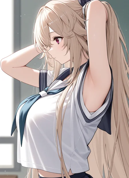 <lora:anchorage_IL_v1.0:1>,anchorage \(azur lane\),serafuku,armpits,short sleeves,from side,,, masterpiece,best quality,