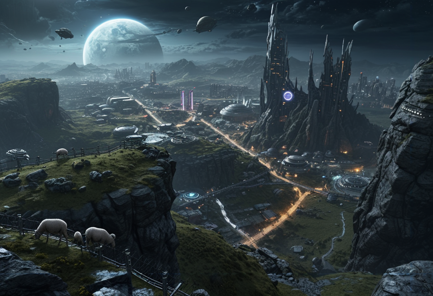 scenic view (from up high a tower:1.08) over a futuristic otherworldly city, giant peaceful creatures in background,  farm, fence, sheep-ish alien creatures settlement integrated into a rocky surface,  planets visible, city on distant planet, lighted places, ecologic energy sources (trending:1.19) (masterpiece:1.26), (high image quality:1.08), (RAW:1.02),subsurface tering,high definition,  <lora:sdxl\pony-realism-22-nsfw-photo.safetensors:0.85:0.18>  p13,s9