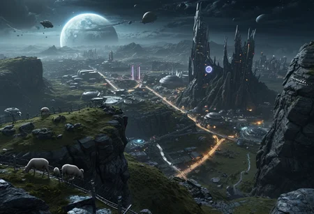 scenic view (from up high a tower:1.08) over a futuristic otherworldly city, giant peaceful creatures in background, farm, fence, sheep-ish alien creatures settlement integrated into a rocky surface, planets visible, city on distant planet, lighted places, ecologic energy sources (trending:1.19) (masterpiece:1.26), (high image quality:1.08), (RAW:1.02),subsurface tering,high definition, <lora:sdxl\pony-realism-22-nsfw-photo.safetensors:0.85:0.18> p13,s9