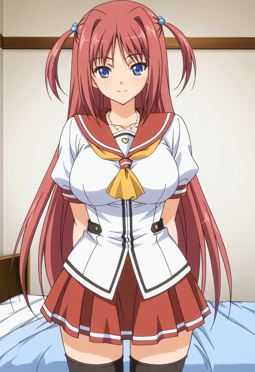 miharu shinonome fukubiki triangle anime style, long hair, red hair, hair intakes, two side up, hair bobbles, blue eyes, large breasts, BREAK, miharu's school outfit, white shirt, red sailor collar, yellow neckerchief, short sleeves, red skirt, pleated skirt, black thighhighs, necklace, jewelry, BREAK, 1girl, solo, bedroom, happy, looking at viewer,