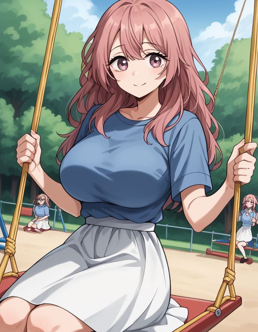 score_9, score_8_up, score_7_up, source_anime, <lora:shinju-inui-s1-ponyxl-lora-nochekaiser:1>, shinju inui, long hair, pink hair, pink eyes, large breasts,, skirt, shirt, short sleeves, white skirt, blue shirt,, public park, playground, swing set, laughter, sunny day, smile, looking at viewer, sitting, elbow rest, table,, solo,, cowboy shot, dutch angle