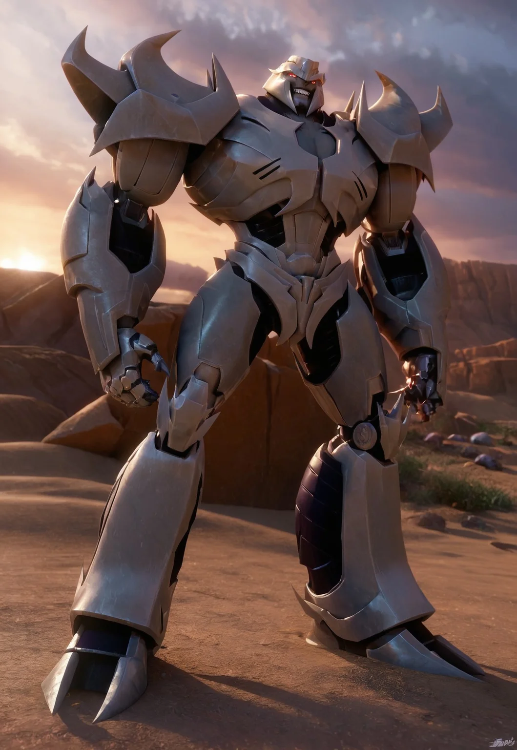 safe_pos, score_9, score_8_up, score_7_up, Snuddy, Blender, solo, Megatron_tfp, Transformer, Robot, Sharp teeth, claws, Perfect eyes, Perfect face, red eyes, glowing eyes, Armor, Gray body, Tall, long legs, metal, smug expression, smirk, evil grin, spread legs, knees apart feet apart, stands in the middle of a rocky desert,