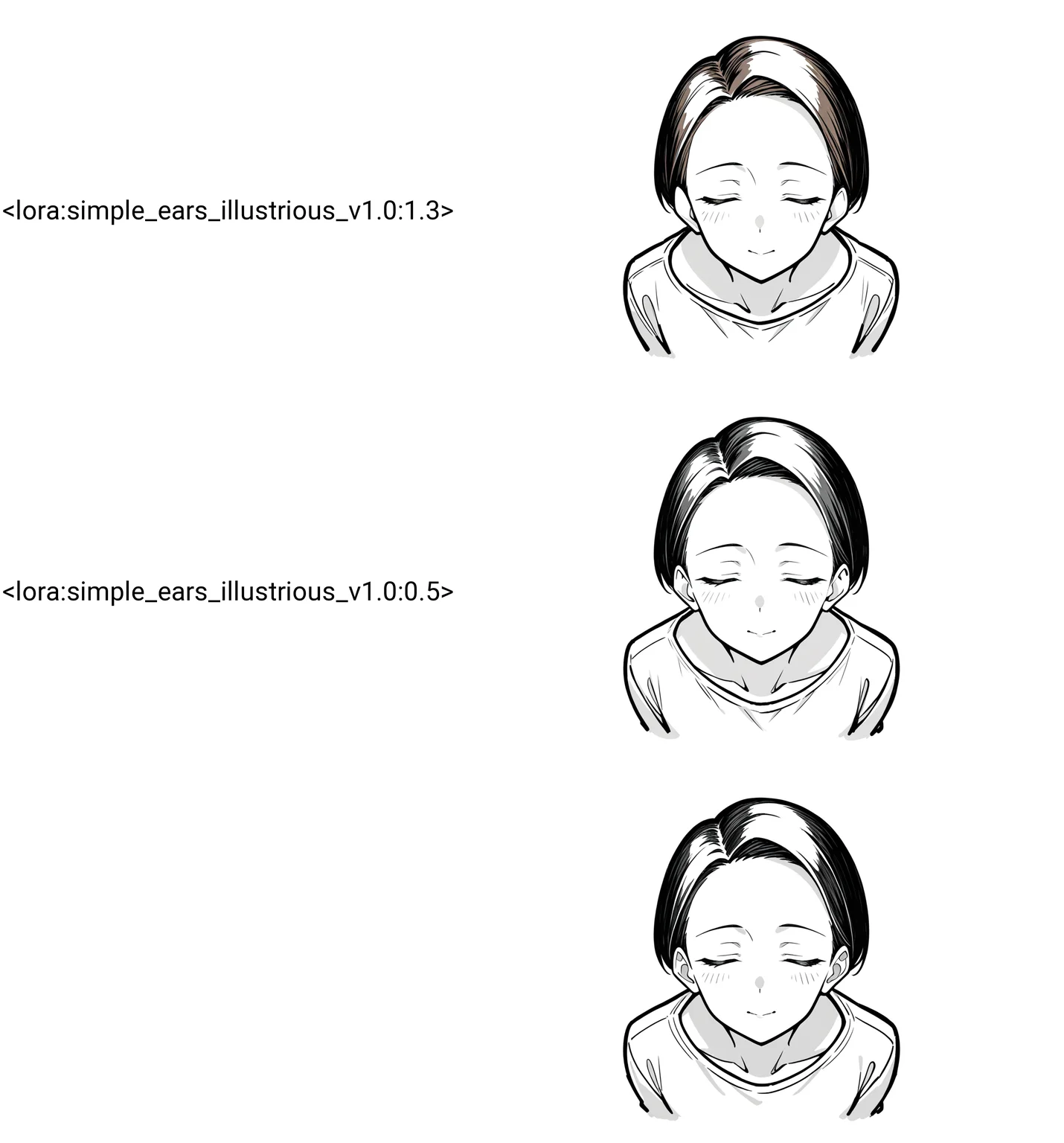 thin outlines,  simple background, greyscale, sketch, graphite \(medium\), 
1girl, standing, brown hair, [multiple monochrome:0.8], facing viewer, head focus, from above:0.4,
[light blush:0.4], 
white background, very short hair, mature female, petite, closed eyes, bob cut, 
<lora:simple_ears_illustrious_v1.0:1.3>