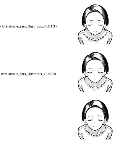 thin outlines,  simple background, greyscale, sketch, graphite \(medium\), 
1girl, standing, brown hair, [multiple monochrome:0.8], facing viewer, head focus, from above:0.4,
[light blush:0.4], 
white background, very short hair, mature female, petite, closed eyes, bob cut, 
<lora:simple_ears_illustrious_v1.0:1.3>
