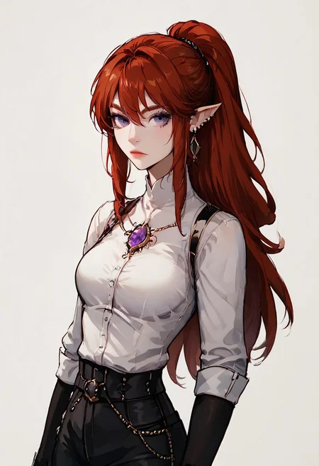 (score_9, score_8_up, score_7_up), (cowboy shot:1.4), (3/4 shot:1.4), 1girl, 20 year old girl, black gloves, breasts, earrings, fingerless gloves, jewelry, white shirt, ((black leggings)), long hair, solo, (open shirt), long hair, pointy ears, (hand on hip), ponytail, purple eyes, red hair, solo, white background, white shirt