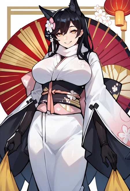score_9, score_8_up, score_7_up, 1girl, mlatagowkim, black gloves, black hair, floral print, hair flower, japanese clothes, large breasts, long hair, mole under eye, obi, print kimono, smile, <lora:Atago-full:1>, yellow eyes,