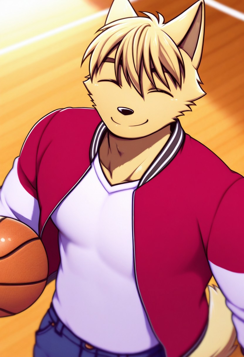 <lora:DanielDxO_ILLXL:1>, daniel, dingo boy, blond fur, blond hair, short hair, dog tail, brown eyes, no humans, perfecteyes, furry male, furry, anthro, 1boy, solo, muscular, athletic build, large pectorals, beautiful, highres, absurdres, hyper-detailed, depth of field, very aesthetic, soft shading, high sharpness, vibrant colors, dynamic angle, semi-realistic lighting, detailed background, basketball court, white shirt, red letterman jacket, open jacket, jeans, from above, portrait, smile, ^_^, upper body, holding basketball