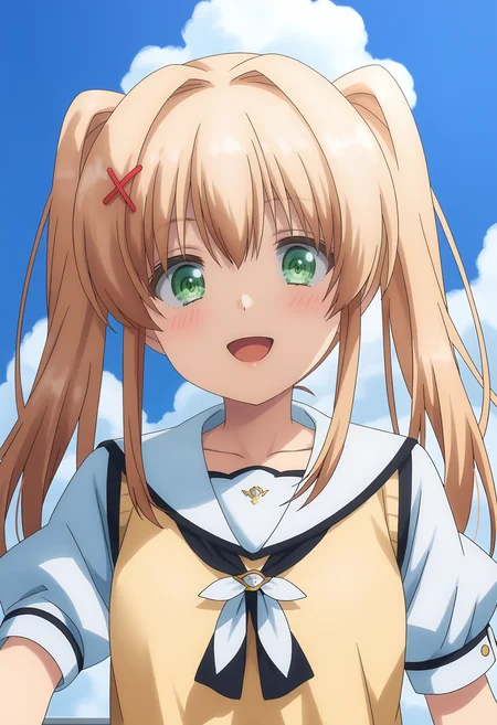 Tsumugi Wenders,1girl,twintails,solo,school uniform,white sailor collar,yellow sweater vest,smile,open mouth,short sleeves,outdoors,:d,sidelocks,sky,day,looking at viewer,sailor collar,blue sky,blush,cloud,hair intakes,shirt,eyelashes,white shirt,puffy short sleeves,puffy sleeves,eyes visible through hair,collarbone,sweater vest,ascot,happy,
<lora:Tsumugi Wenders_pony-000036:1>