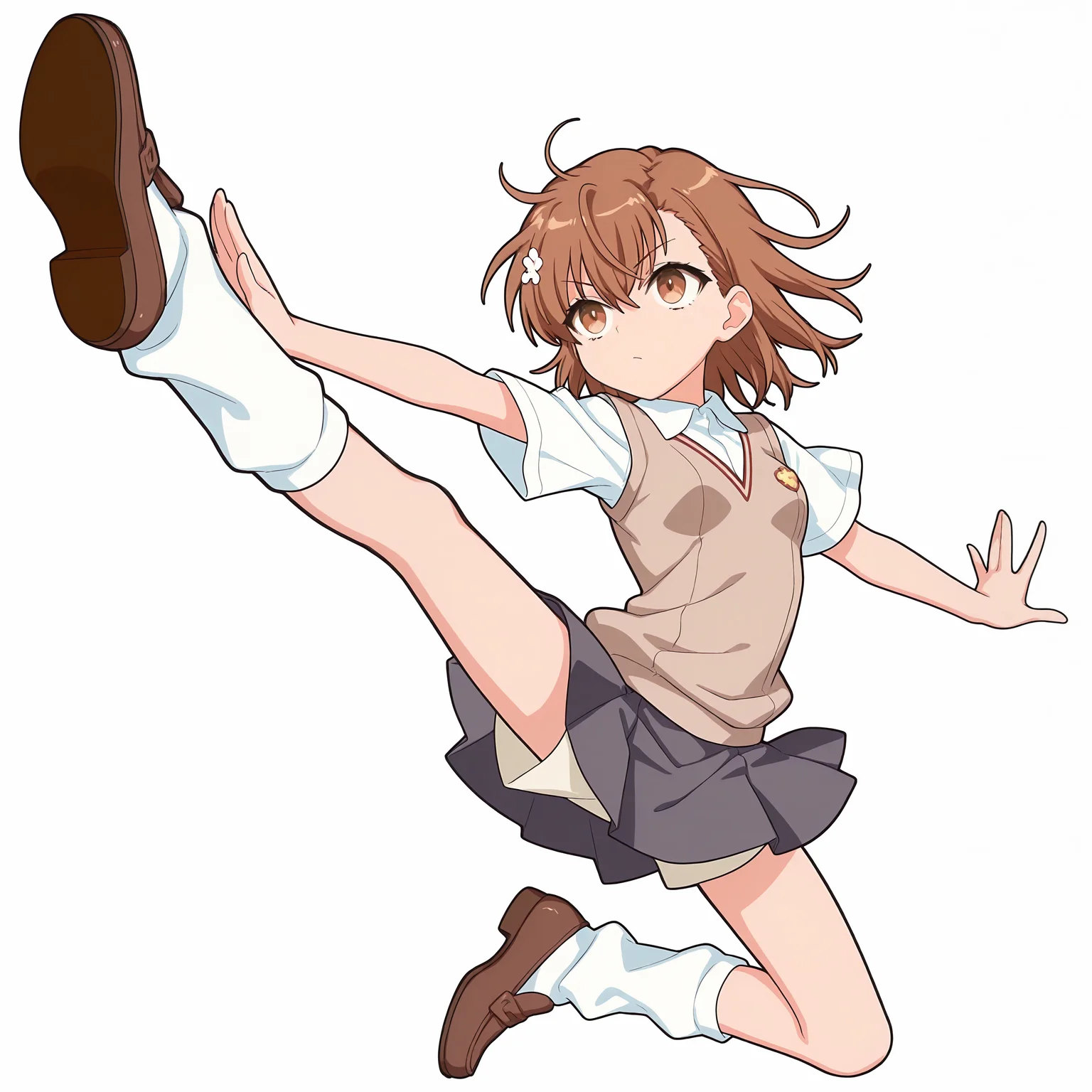 maimai,1girl,solo,misaka mikoto,tokiwadai school uniform,brown hair,hair between eyes,bangs,brown eyes,skirt,Knee-high white socks,brown loafers,dynamic pose,white background,,embedding:lazypos, masterpiece,best quality,newest,absurdres,highres,very awa