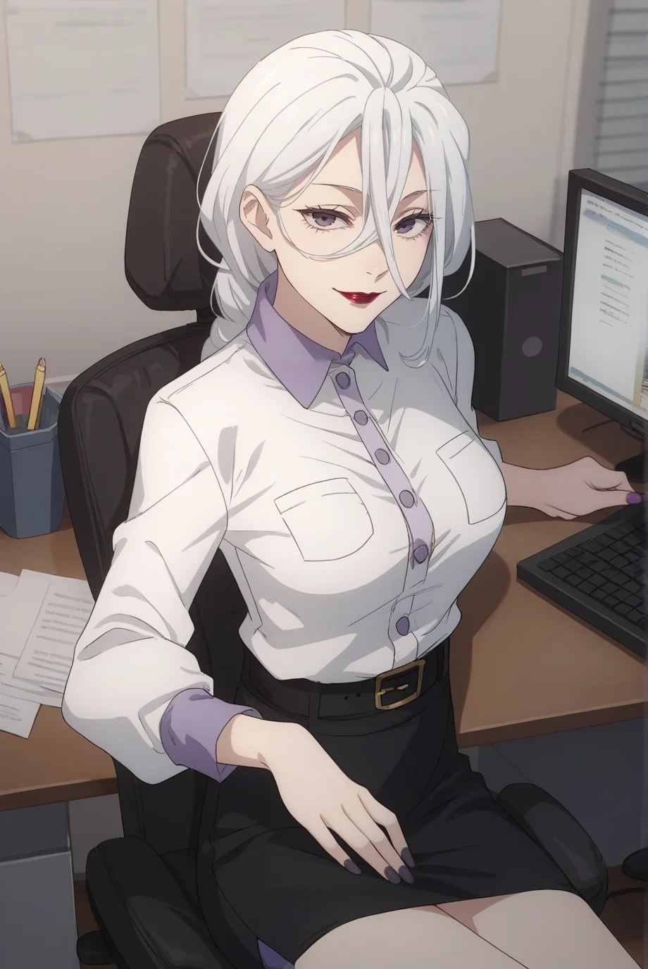 score_9, score_8_up, score_7_up, score_6_up, score_5_up, score_4_up, BREAK source_anime, 1girl, solo,
<lora:MeimeiXL-v1-06:0.8>, ChopioMeiMei, white hair, looking at viewer,
medium breasts, purple nails,
long hair, braided ponytail, long bangs, hair tie, hair between eyes, red lipstick,
office, monitor, keyboard \(computer\), desk, sitting,
black skirt, pencil_skirt, black skirt, white shirt, shirt tucked in, buttons, belt, seductive smile,