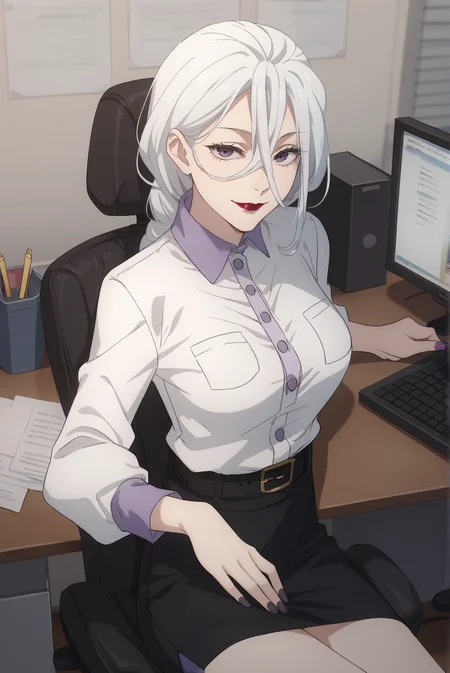 score_9, score_8_up, score_7_up, score_6_up, score_5_up, score_4_up, BREAK source_anime, 1girl, solo,
<lora:MeimeiXL-v1-06:0.8>, ChopioMeiMei, white hair, looking at viewer,
medium breasts, purple nails,
long hair, braided ponytail, long bangs, hair tie, hair between eyes, red lipstick,
office, monitor, keyboard \(computer\), desk, sitting,
black skirt, pencil_skirt, black skirt, white shirt, shirt tucked in, buttons, belt, seductive smile,