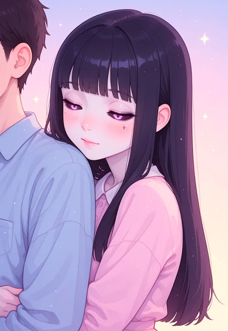 masterpiece, best quality, ultra-detailed, photorealistic, 1girl, young woman,
gentle smile, soft hug, leaning on shoulder, eyes closed slightly, peaceful expression,
long black straight hair, blunt bangs,
pale skin, soft blush on cheeks,
glowing purple eyes, dark eyeliner, subtle dark sclera,
slim face, small nose, beauty marks,
cute pastel outfit, simple pastel background, cozy indoor setting, soft lighting, warm atmosphere,
kawaii aesthetics, japanese idol,
ng_deepnegative_v1_75t, Luna Corvus, k4w4iim1r41
