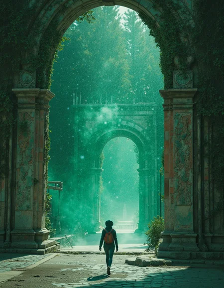 touch of verdigris style photograph, a time traveler steps out from a shimmering portal into an ancient civilization, with the juxtaposition of futuristic technology and historic architecture, the thought-provoking style