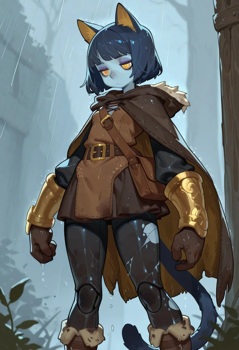 F3n6l1, masterpiece, very aesthetic, absurdres, (solo:1.5),
expressive eyes, beautiful detailed eyes:1, perfect face, thief cloak, fur trim, long sleeve tunic, belt, satchel, black leggings, boots, long gloves, long boots, skirt, dirty clothes, dark clothing, brown and black clothes, thick clothes, bracers, rogue, thief, fantasy, woods, hood down, thick gloves, gold forearm bracers, fantasy medieval town, blue cat ears, blue cat tail, (blue skin: 1.4), colored skin, yellow eyes, cat pupils, dark blue hair, medium hair, bobcut, doll joints, bored, jitome, blue eyeshadow, flat breasts, medium hips, short, dark blue ears, dark blue tail, gold inner ear, gold details, raining, wet clothes, wet skin, wet hair, cracked skin,