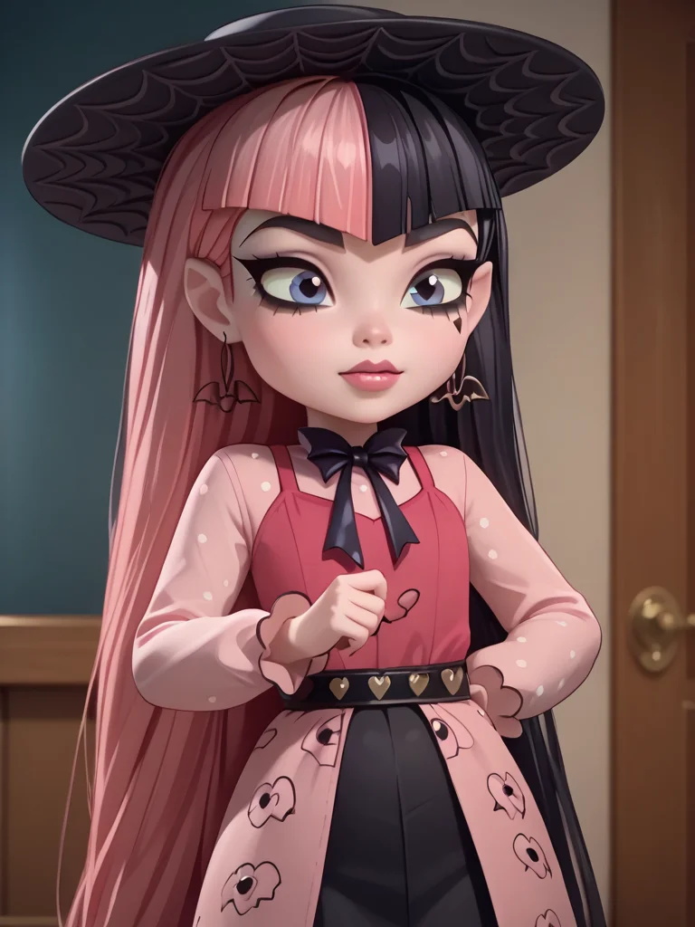 <lora:Draculora-000007:1>draculaura, streaked hair, two-tone hair, pink hair, black hair, 1girl, long hair, solo, hat
