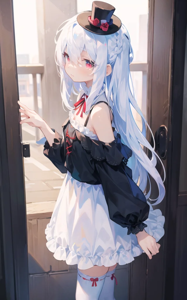 (masterpiece), (best quality),(illustration), from side,colorful,
1girl, beautiful red eyes,detailed long (white hair:1.5),
,white door,building behind,dress,best quality,long white hair,(mini top hat),detailed red eyes,hair between eyes,braid,french braid,(white hair),
,manaphy,magaeshi,ankle lace-up,
off-shoulder dress,
frilled capelet,white thighhighs,ankle lace-up,neck ribbon,(standing),upper body
<lora:uenomigi-loha-000003:1>