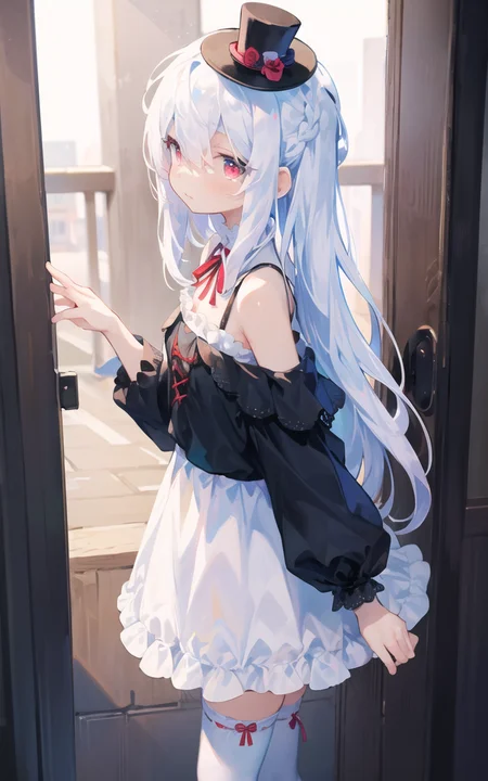 (masterpiece), (best quality),(illustration), from side,colorful,
1girl, beautiful red eyes,detailed long (white hair:1.5),
,white door,building behind,dress,best quality,long white hair,(mini top hat),detailed red eyes,hair between eyes,braid,french braid,(white hair),
,manaphy,magaeshi,ankle lace-up,
off-shoulder dress,
frilled capelet,white thighhighs,ankle lace-up,neck ribbon,(standing),upper body
<lora:uenomigi-loha-000003:1>