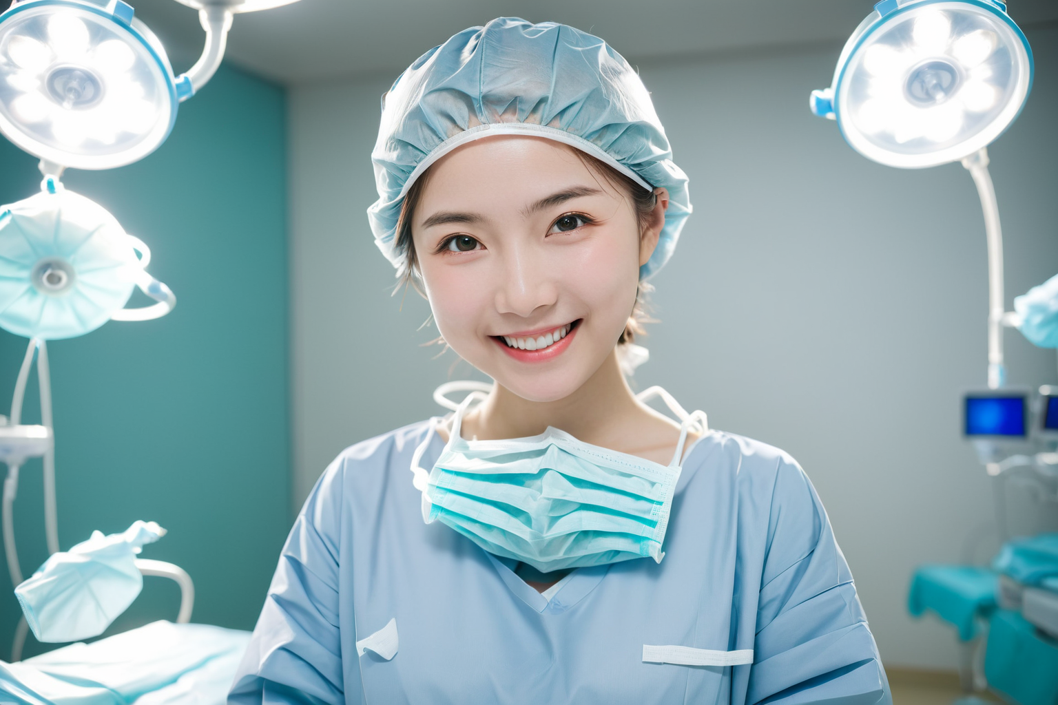 (RAW photo, best quality), 1girl,  Japanese, smile, long sleeve surgical outfit, surgical mask,  surgical gloves, surgical cap,  operating room, overhead surgical light, blurred background, focused 
 <lora:concept_surgeon_mask_open_xl_v1-000002:1>, surgical_mask_open, completely_undone, masterpiece, best quality,