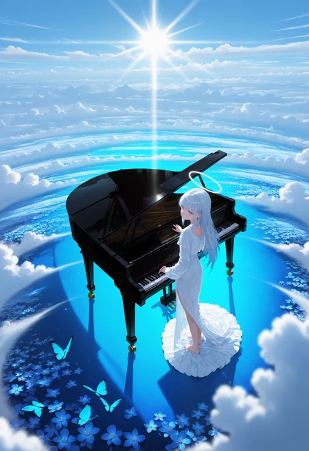 llv2-illu
masterpiece, wide shot, from above, depth of field, volumetric lighting, best quality, ultra-detailed, highly detailed, 1girl, long hair, silver hair, gradient hair, blue eyes, lips, eyelashes, playing piano, (piano bench), grand piano, futuristic piano, piano, field, flowers, blue sky, clouds, sunlight, godrays, ethereal, scenic background, serene, dreamy, flowing dress, asymmetrical dress, barefoot, butterflies, fantasy setting, solo, dramatic lighting, celestial, halo effect, nature