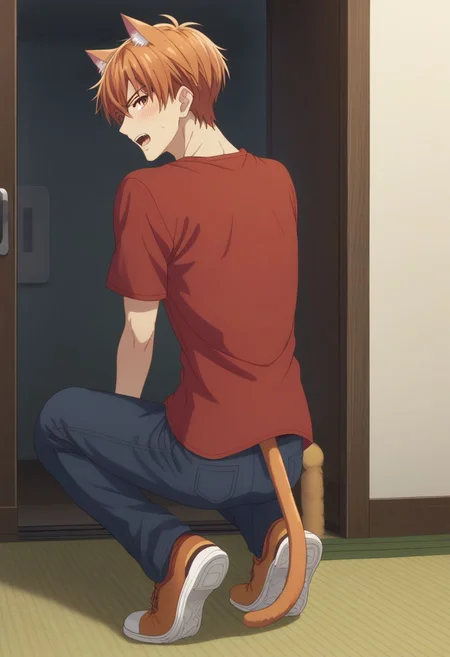 score_9, score_8_up, score_7_up, source_anime, highly detailed, 1boy, solo, male_focus, full body,
indoor, blush, solo, open mouth, red shirt, brown eyes, orange hair, looking at viewer, from back, sweatdrop, orange hair, teeth, catboy, cat ears, cat tail,