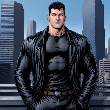 b0tch3r, black hair, blue eyes, 1boy, solo, male focus, bara, upper body, standing, outdoors, city, skyscraper, day, sky, black jacket, black t-shirt, black pants, belt, hands in pockets, (looking at viewer), light smile, masterpiece,best quality,amazing quality,  <lora:Butcher:1>