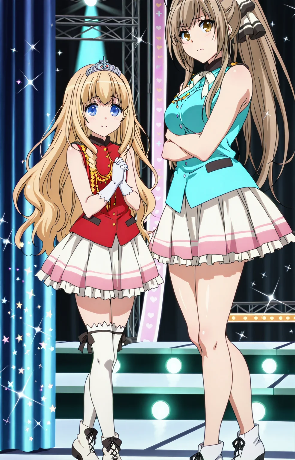 shiny skin, posing,
<lora:amabri.il:0.9>,
amabri,
(2girls:1.5),
latifa, isuzu,
hearts, glitter, sparkle, stage, stage light, bloom, standing side, looking at viewer, peace, yuri, hug,