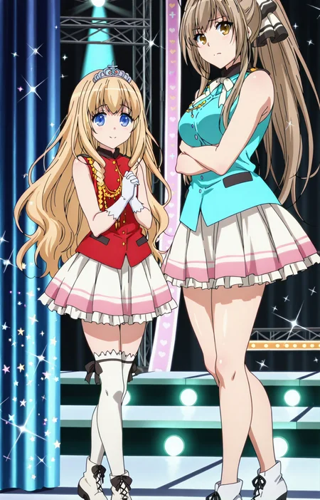 shiny skin, posing,
<lora:amabri.il:0.9>,
amabri,
(2girls:1.5),
latifa, isuzu,
hearts, glitter, sparkle, stage, stage light, bloom, standing side, looking at viewer, peace, yuri, hug,